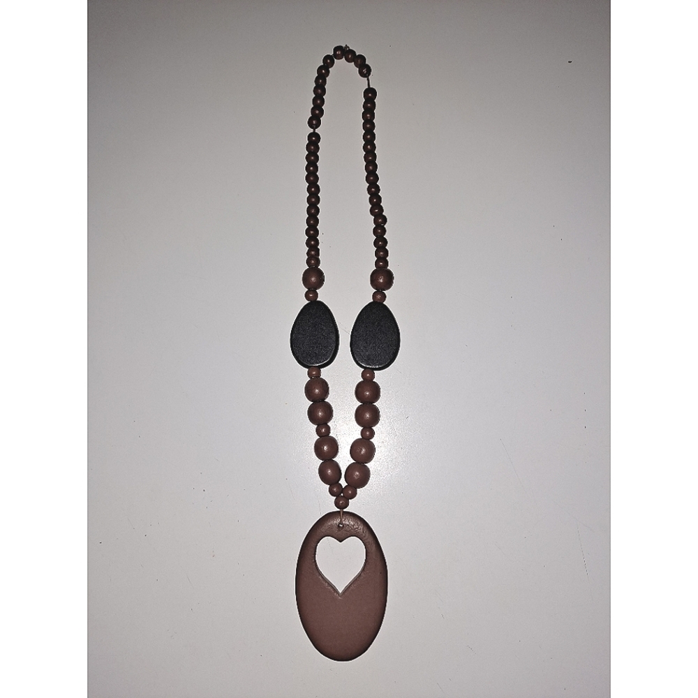 Heart brown black wooden beaded necklace statement long costume jewelry pendant